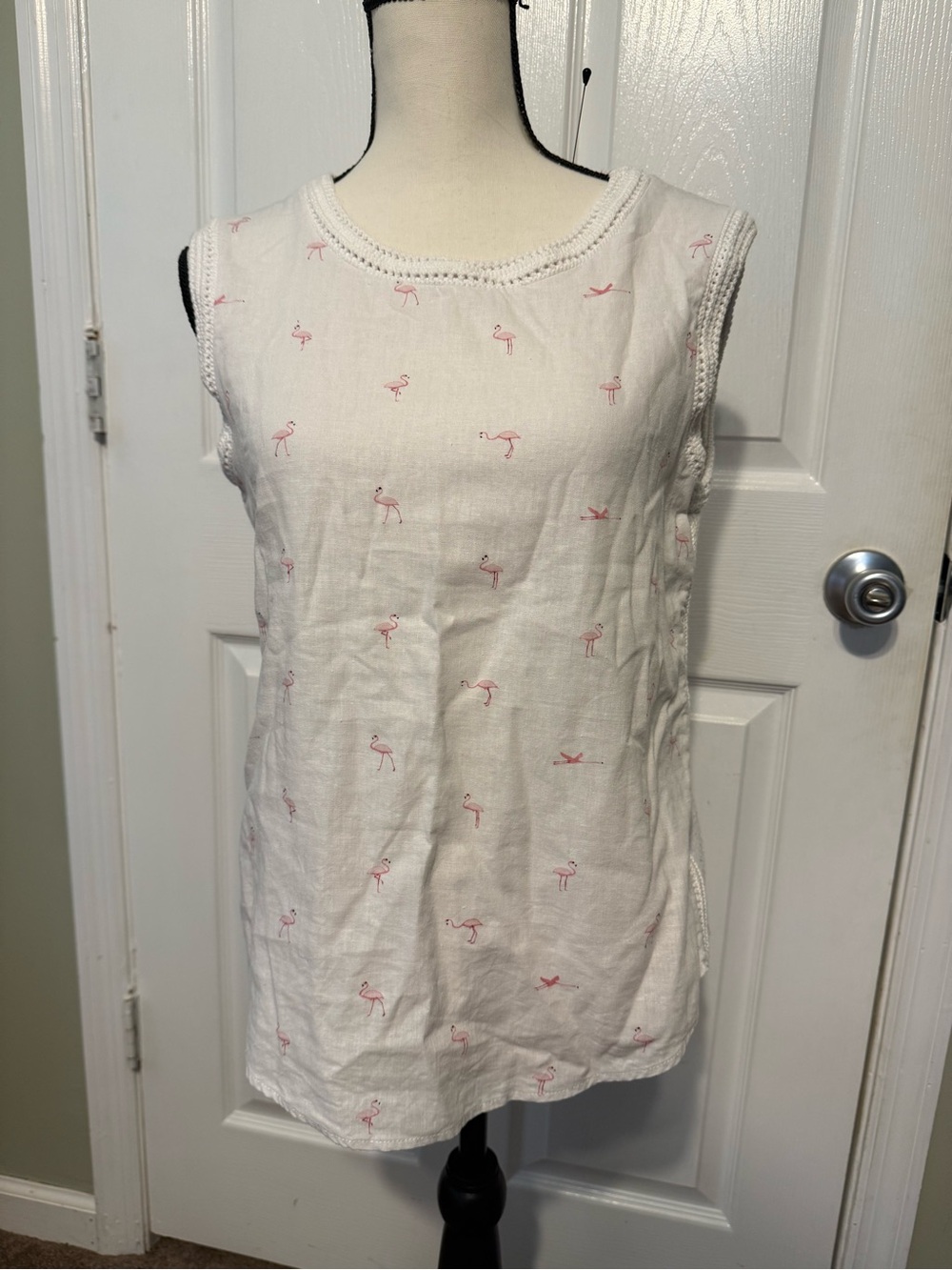 For Cynthia White Sleeveless Tank with Pink Flamingo Embroidery